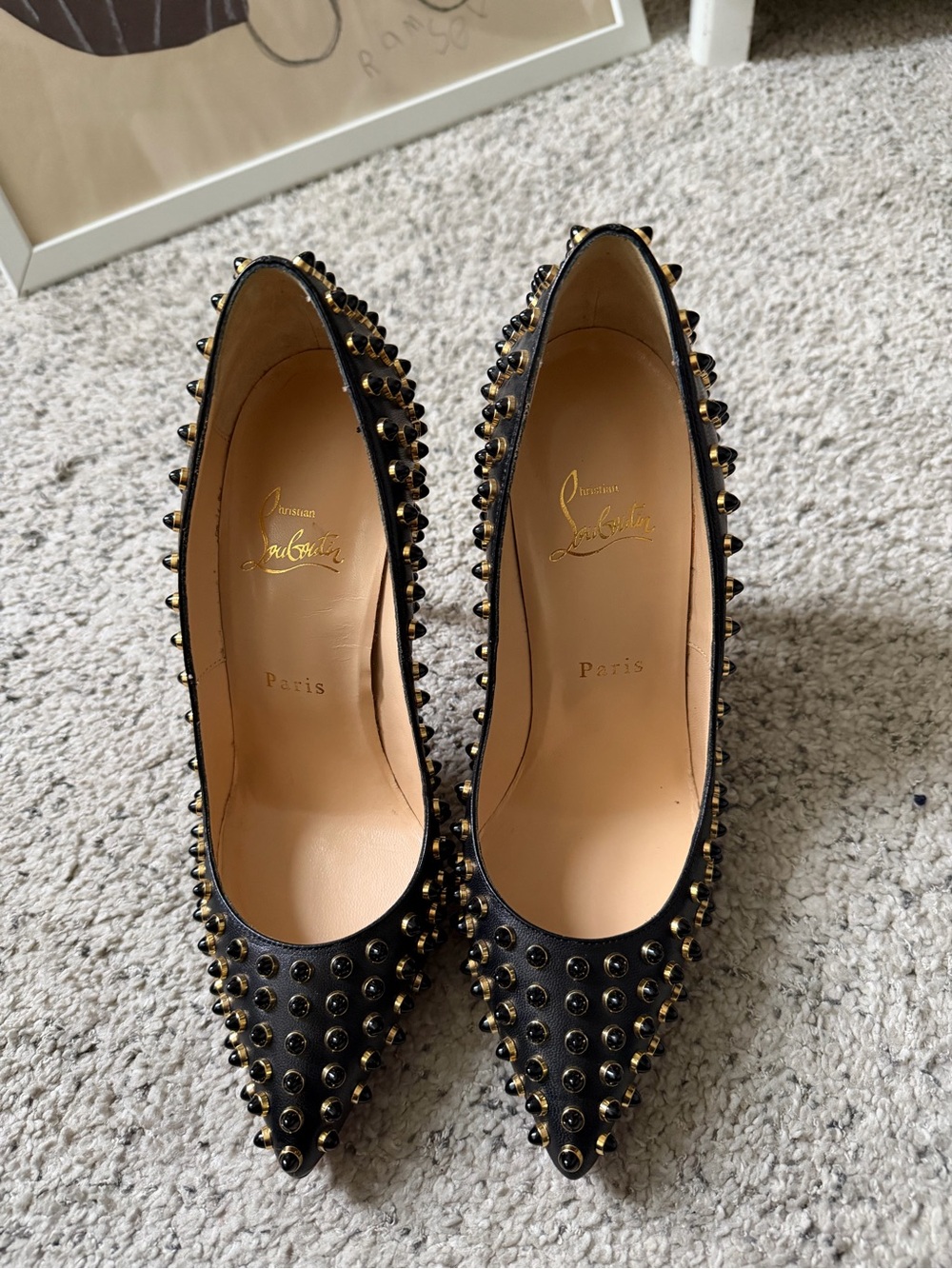 Christian Louboutin Black Leather Pointed Toe Pumps with Gold Studs